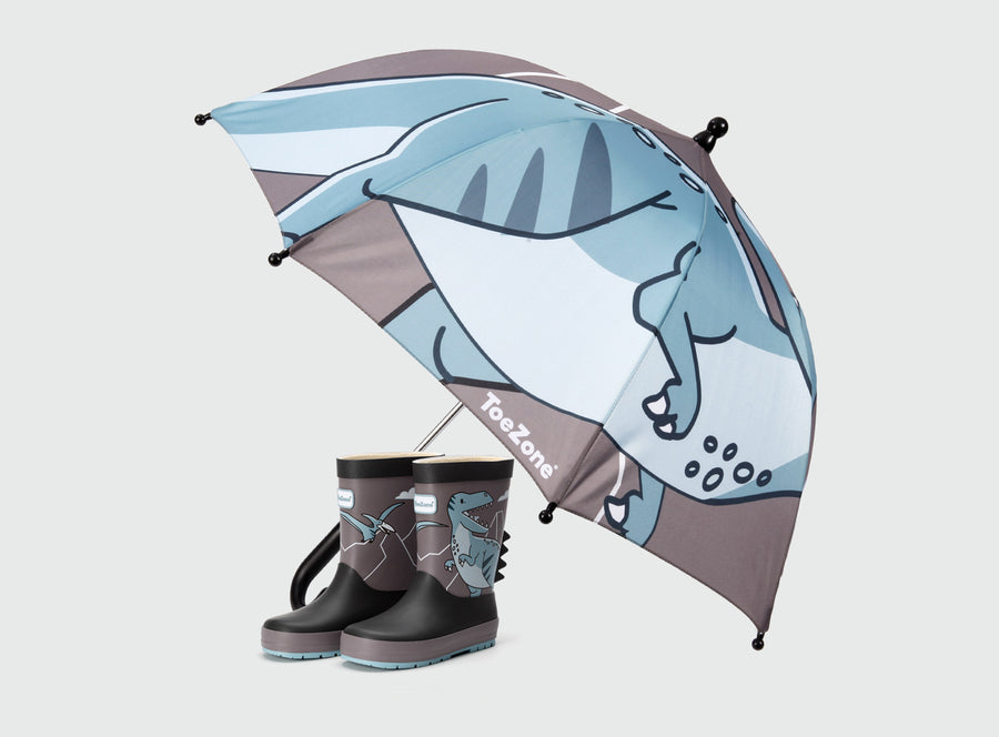 Pre-Order| ToeZone Raptor Boys Grey Dinosaur Waterproof Umbrella – Kids Rain Umbrella