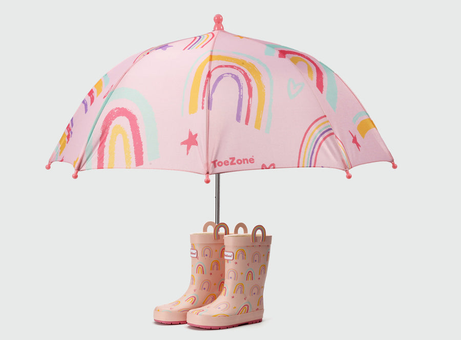 Pre-Order| ToeZone Hope Girls Pink Rainbow Waterproof Umbrella – Kids Rain Umbrella
