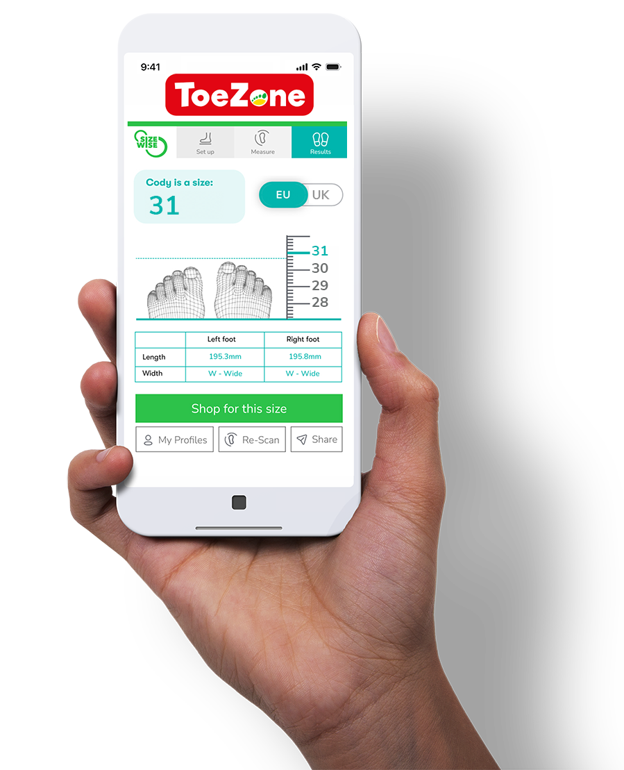 SizeWise results displayed on a mobile phone