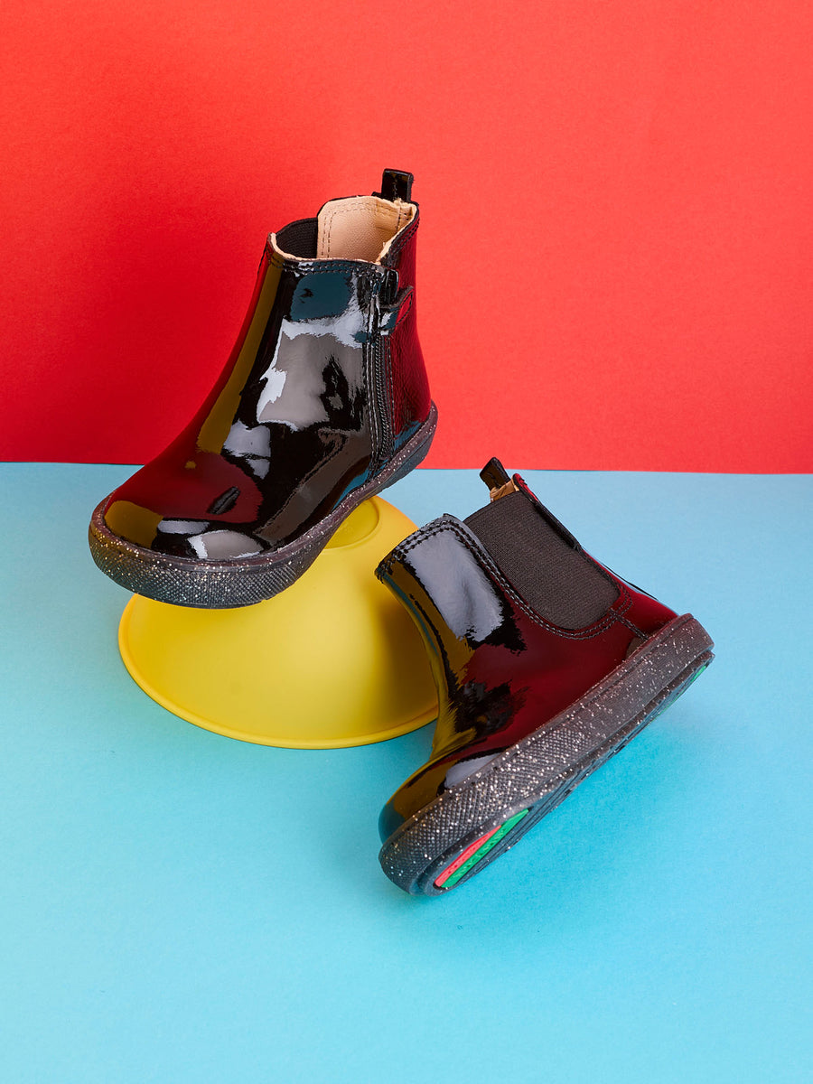 HARLOW - Girls' Black Patent Gusset Boots (Available in Half Sizes)