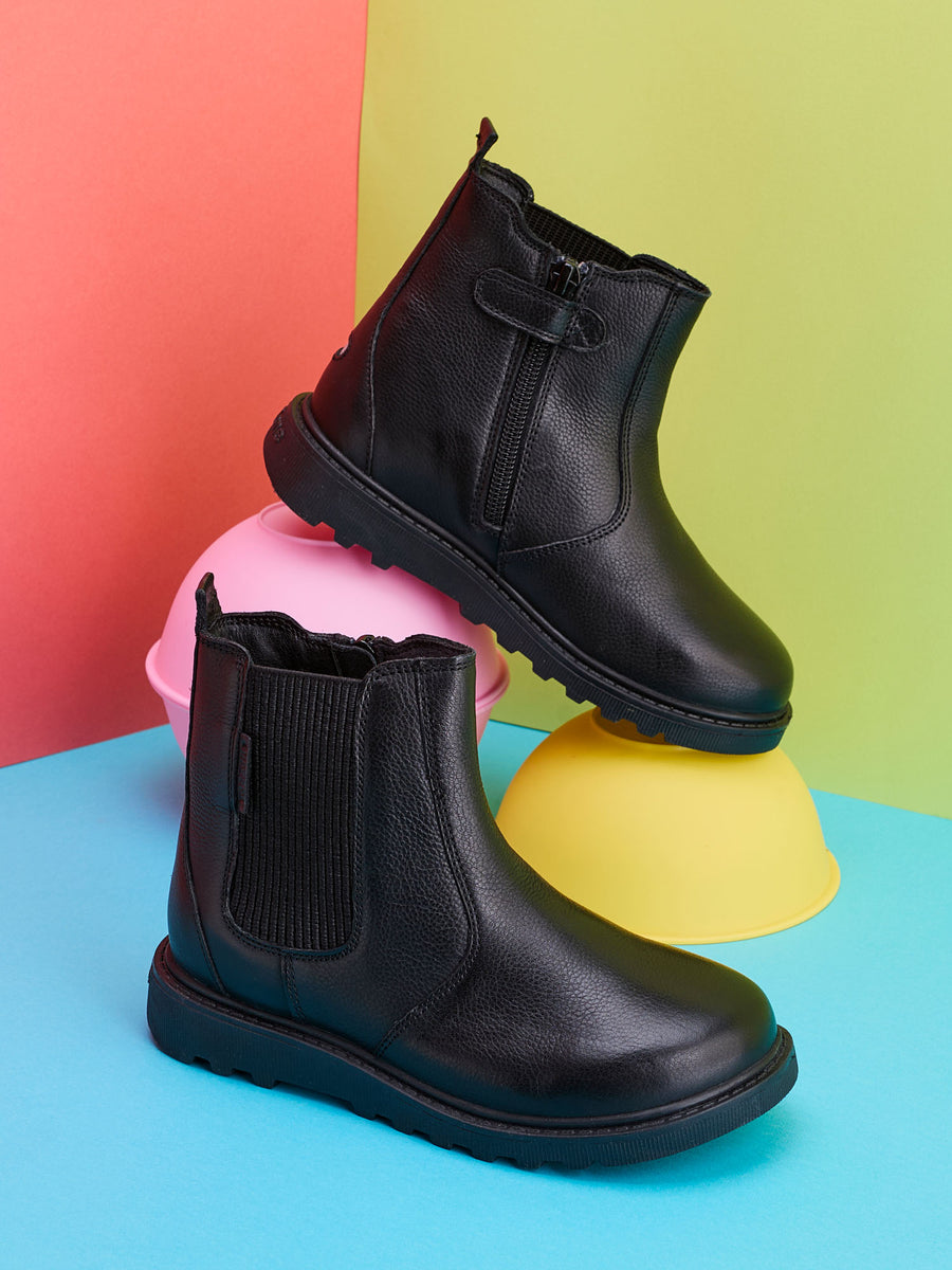LILY - Girls' Black Leather Ankle Boots