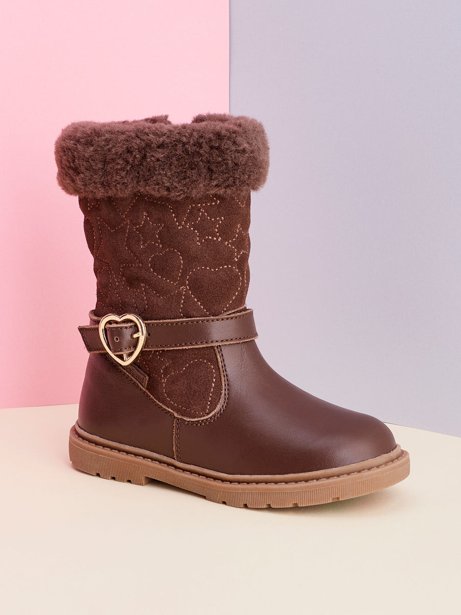 SARA - ToeZone Girls' Brown Leather & Suede Fur Warm Boots