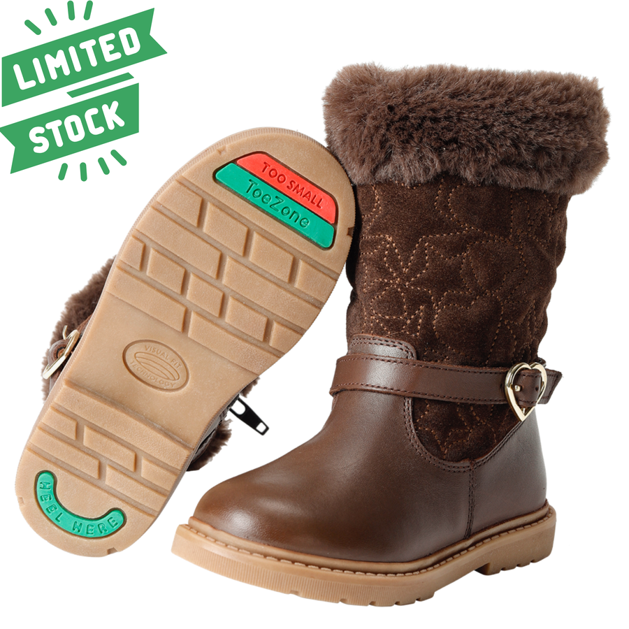 SARA - ToeZone Girls' Brown Leather & Suede Fur Warm Boots