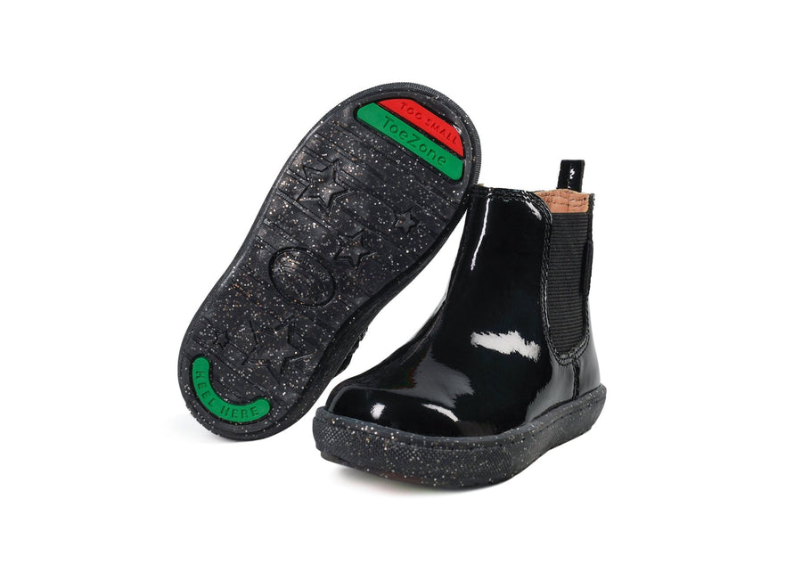 HARLOW - Girls' Black Patent Gusset Boots (Available in Half Sizes) Boots All Girls ToeZone Footwear