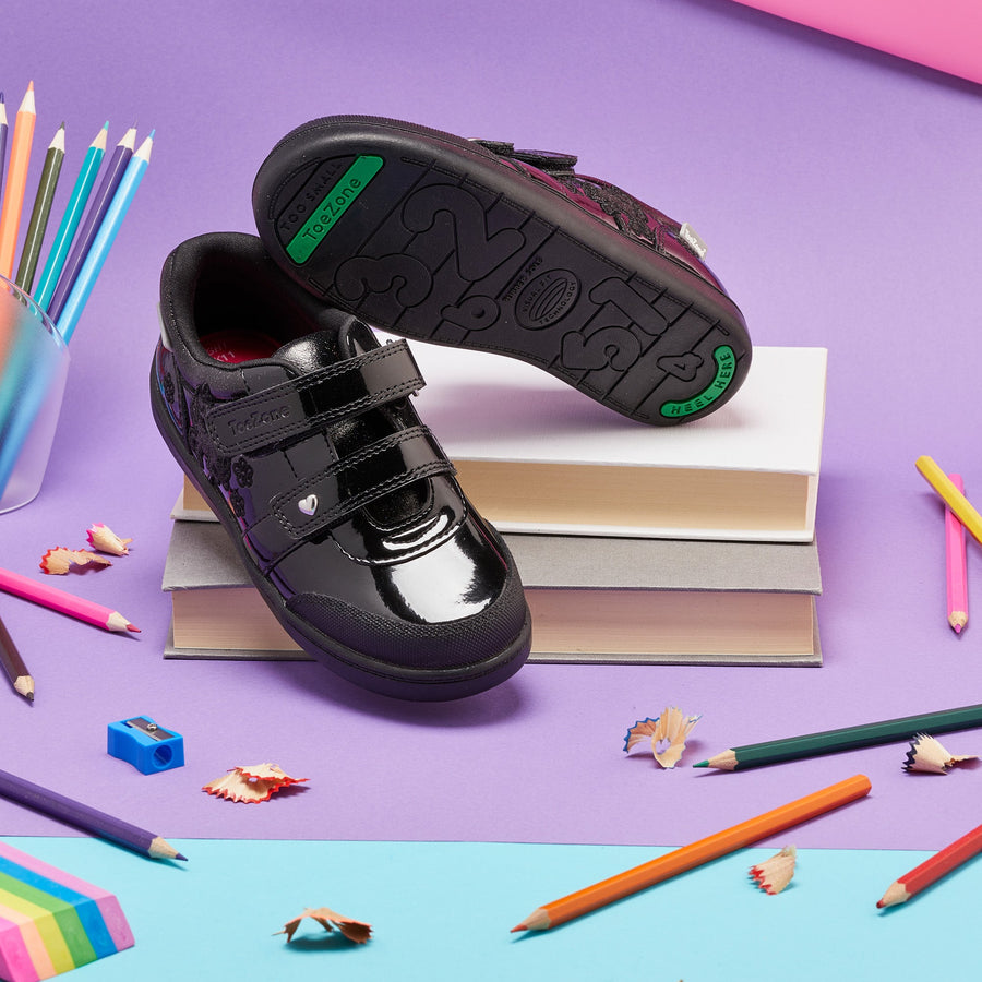 LIA - Patent Double Rip Tape Unicorn School Shoes Girls School Shoe All Girls ToeZone Footwear