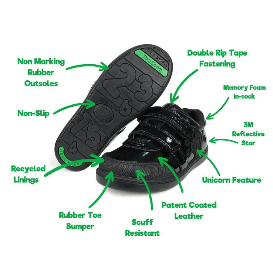 LIA - Patent Double Rip Tape Unicorn School Shoes Girls School Shoe All Girls ToeZone Footwear