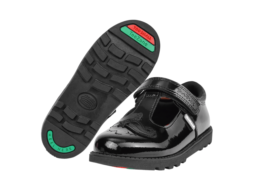 LILO Girls Black Patent Rip Tape Unicorn School Shoe