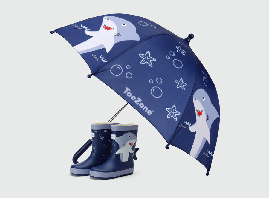 Pre - Order| ToeZone Finn Boys Navy Shark Waterproof Umbrella – Kids Rain Umbrella Umbrella All Boys ToeZone Footwear