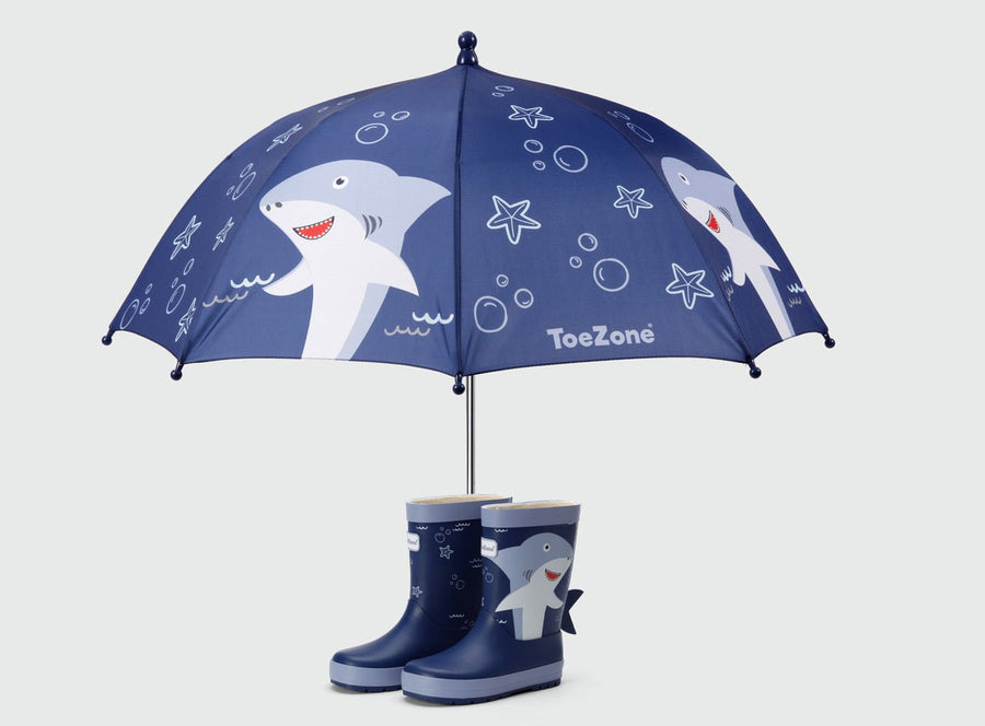 Pre - Order| ToeZone Finn Boys Navy Shark Waterproof Umbrella – Kids Rain Umbrella Umbrella All Boys ToeZone Footwear
