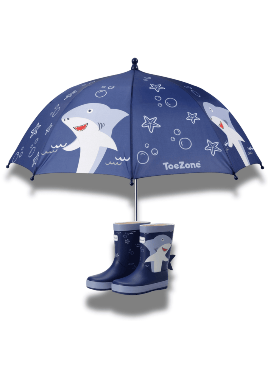 Pre - Order| ToeZone Finn Boys Navy Shark Waterproof Umbrella – Kids Rain Umbrella Umbrella All Boys ToeZone Footwear