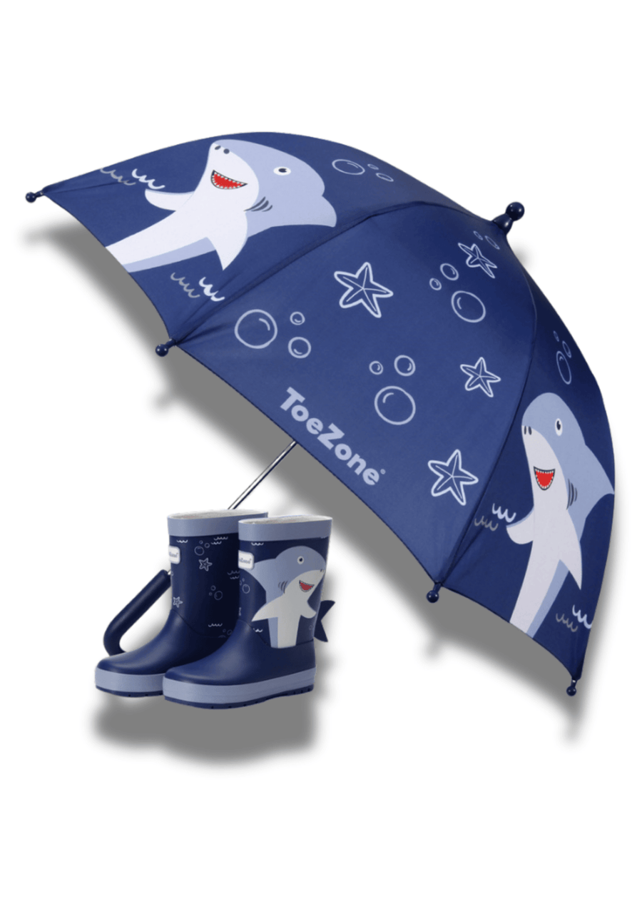 Pre - Order| ToeZone Finn Boys Navy Shark Waterproof Umbrella – Kids Rain Umbrella Umbrella All Boys ToeZone Footwear