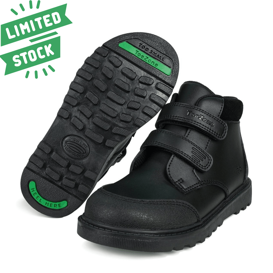 ToeZone Boys’ Levi Black Coated Leather Rip - Tape Boots – Durable Kids’ School Boots Boots All Boys ToeZone Footwear