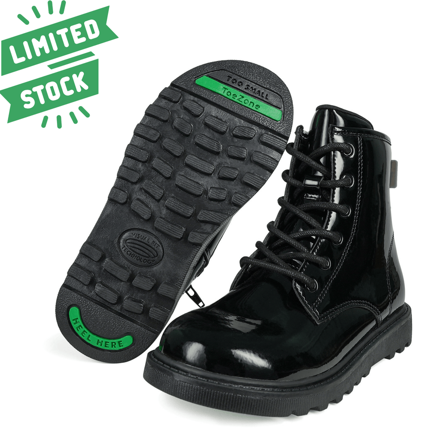 ToeZone Girls’ Holly Black Patent Lace & Zip Unicorn Boots – Durable School Footwear for Kids Boots All Girls ToeZone Footwear