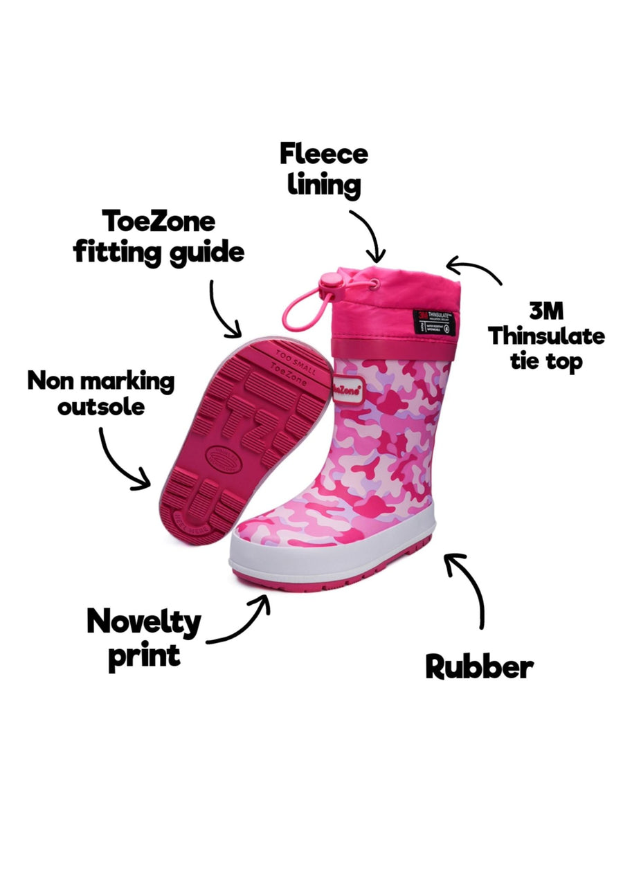 LUCY - Camo Pink Thinsulate Tie Top Wellies Wellies All Girls ToeZone Footwear